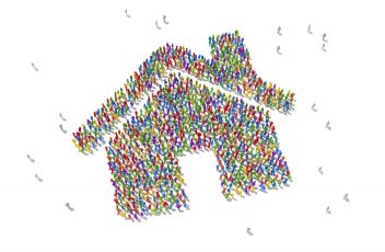 Human Crowd Forming A House Symbol: Bonding And Social Media Concept