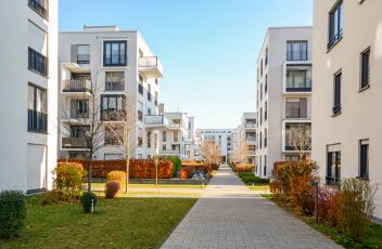Cityscape with residential buildings in late autumn
